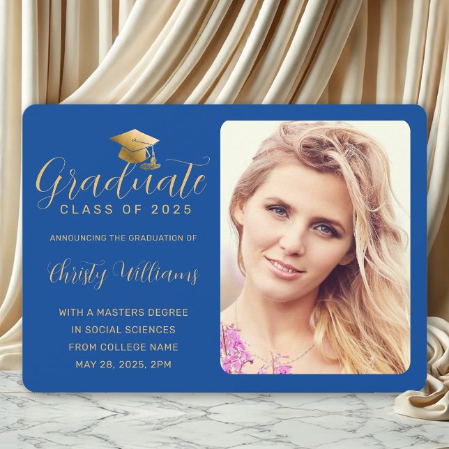 Elegant Blue Gold Script Photo College Graduation Announcement (Royal Blue and Gold Photo Graduation Announcement for College Grads)
