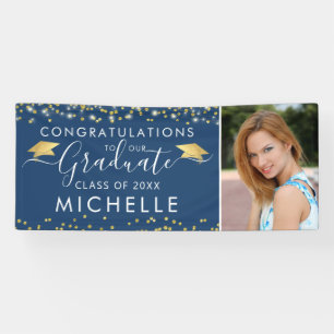 Elegant Blue Gold Script Photo Graduation Banner