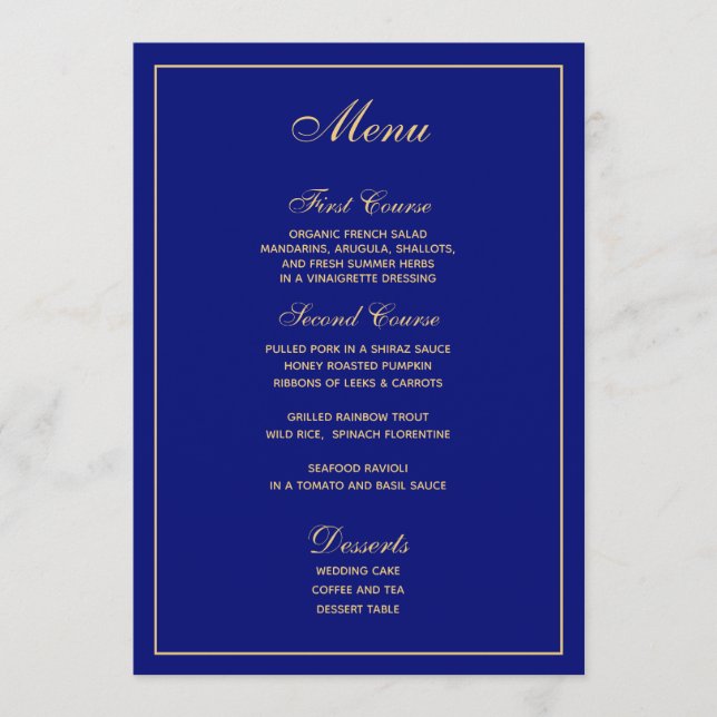 Elegant Blue Gold Script Wedding Menu (Front)