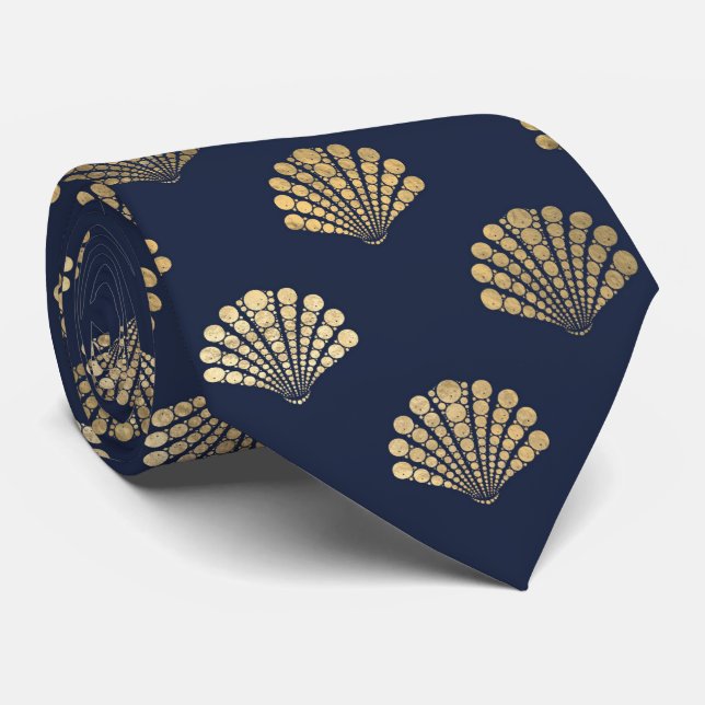 Elegant Blue Gold Seashell Ocean Pattern Men's Tie (Rolled)