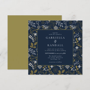 Elegant Blue Gold Silver Botanical Print Wedding  Invitation