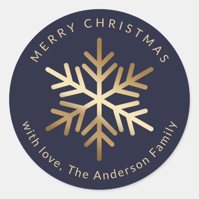 Elegant Blue Gold Snowflake Christmas Classic Round Sticker (Front)