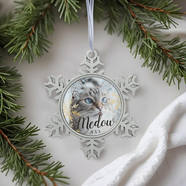 Elegant Blue & Gold Snowflake Customise Pet Photo Snowflake Pewter Christmas Ornament (Elegant Blue & Gold Snowflake Customize Pet Photo Snowflake Pewter Christmas Ornament)