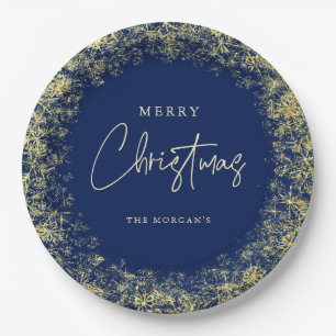 Elegant Blue Gold Snowflakes Christmas  Paper Plate