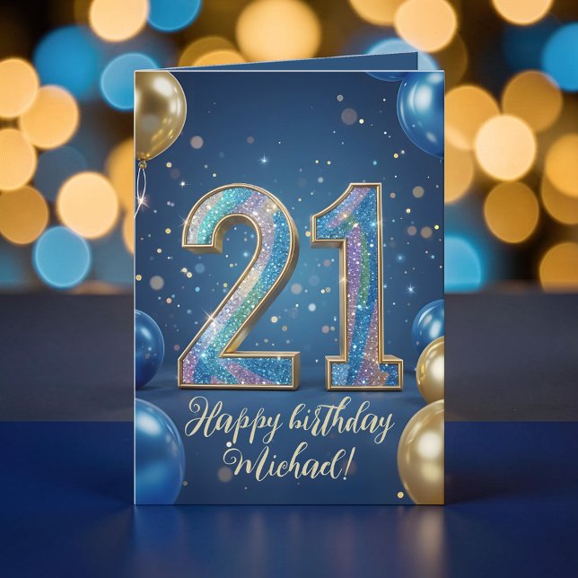 Elegant Blue Gold Sparkly Balloons 21st Birthday Card (Creator Uploaded)