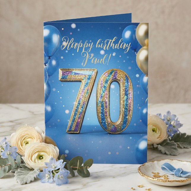 Elegant Blue Gold Sparkly Balloons 70th Birthday Card (Creator Uploaded)