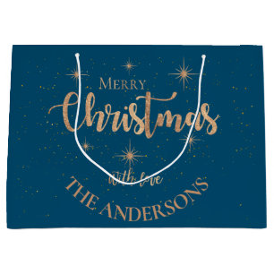 Elegant Blue Gold Stars Name Merry Christmas Large Gift Bag