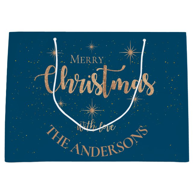 Elegant Blue Gold Stars Name Merry Christmas Large Gift Bag (Front)