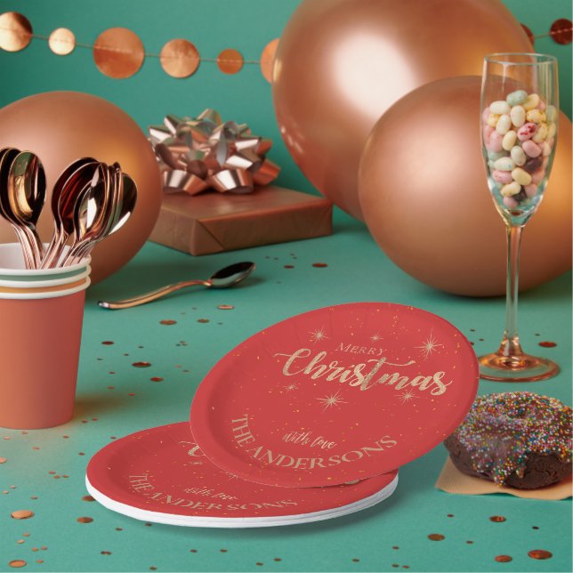 Elegant Blue Gold Stars Name Merry Christmas Party Paper Plate (Multi)