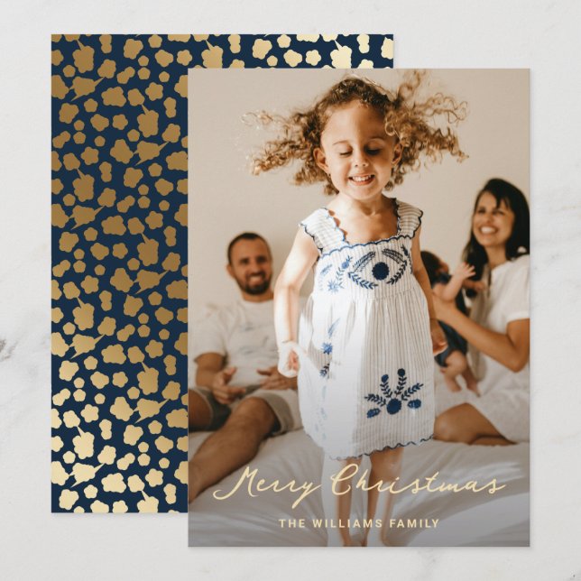 Elegant Blue Gold Stars Script Photo Christmas Holiday Card (Front/Back)