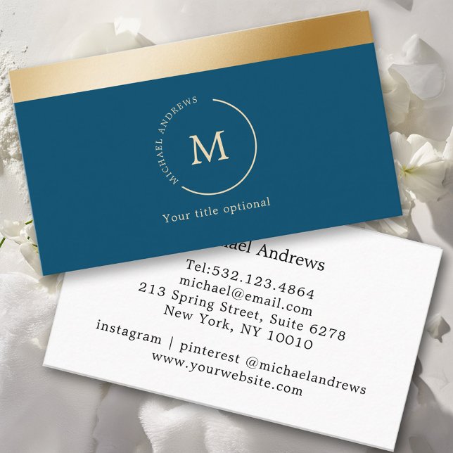Elegant, Blue, Gold stripe, Circle, Monogram  Business Card (Creator Uploaded)