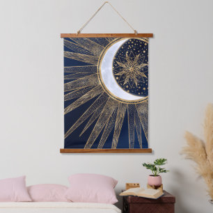 Elegant Blue Gold Sun Moon Mandala Hanging Tapestry