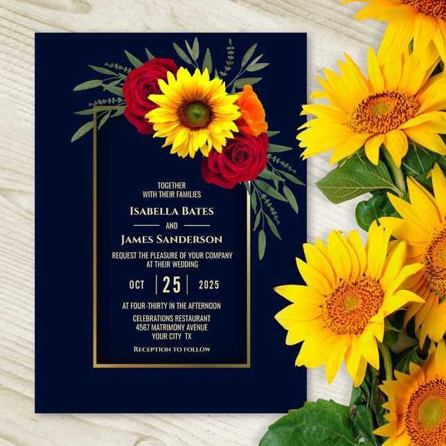 Elegant Blue Gold Sunflower Red Rose Wedding Invitation (Creator Uploaded)