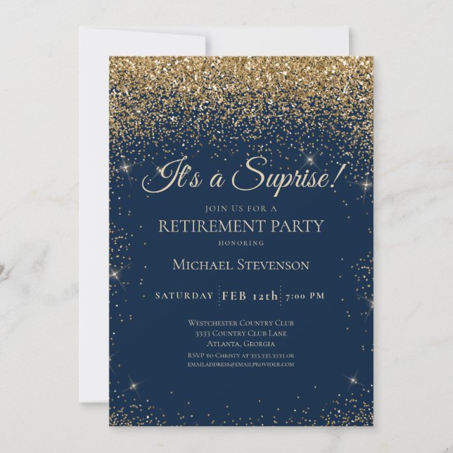 Elegant Blue Gold Surprise Retirement Party Invitation (Front)