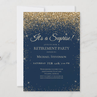 Elegant Blue Gold Surprise Retirement Party Invitation