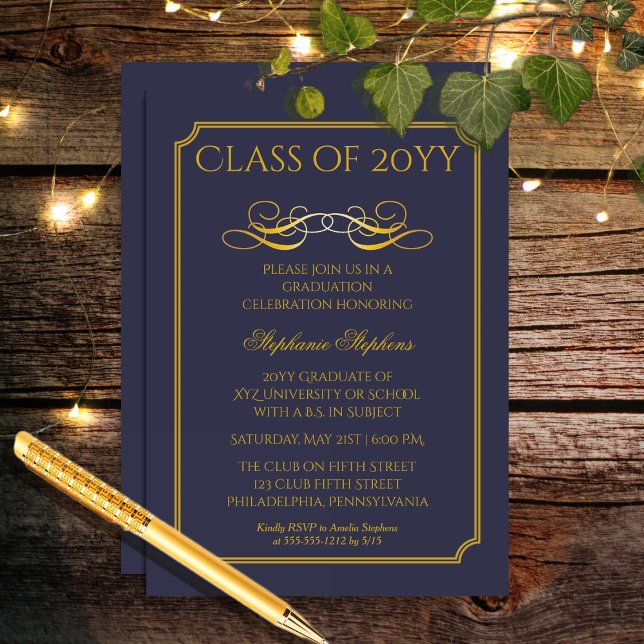 Elegant Blue | Gold University Graduation Party Invitation (Elegant Blue and Gold Tone College | University Achiever Graduation Party Invitation)