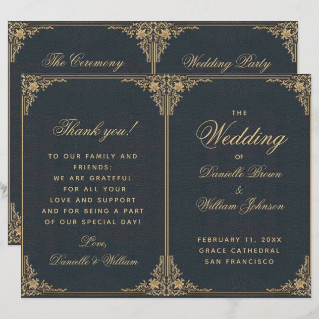 Elegant Blue Gold Vintage Folded Wedding Program (Front/Back)