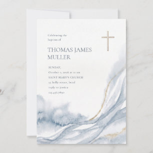 Elegant Blue Gold Watercolor Baptism Religious Invitation