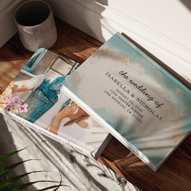 Elegant Blue Gold Watercolor Photo Wedding Guest Book (Creator Uploaded)