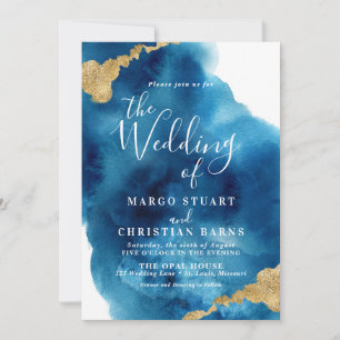 Elegant Blue & Gold Watercolor Wedding Invitation