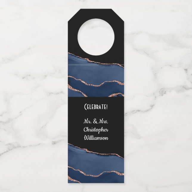 Elegant Blue Gold Wedding Party Bottle Tag (Front)
