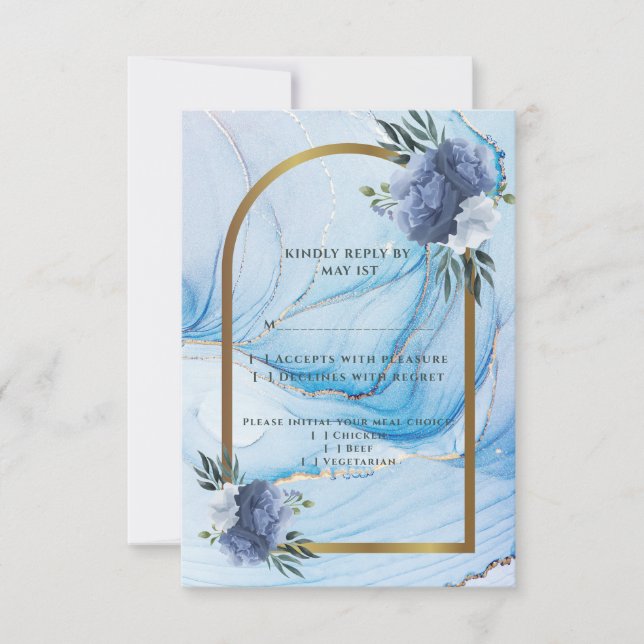 Elegant Blue & Gold Wedding RSVP Card  (Front)