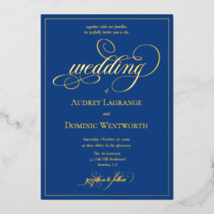 Elegant Blue Gold Wedding Script Calligraphy