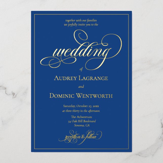 Elegant Blue Gold Wedding Script Calligraphy (Front)