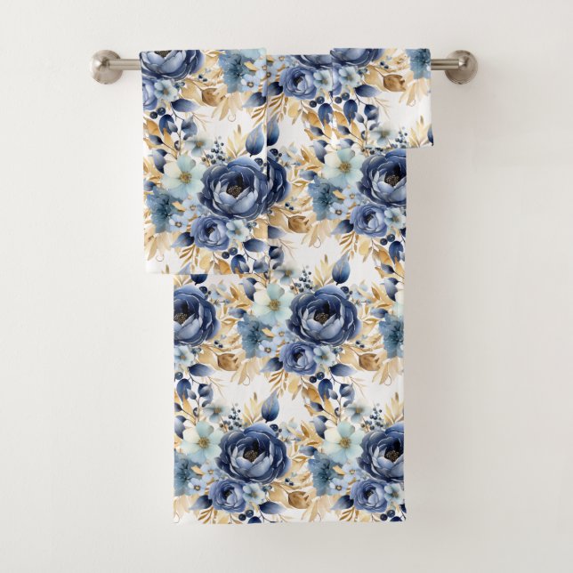 Elegant Blue Gold White Floral Roses Towel Set (Insitu)