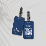 Elegant Blue Golden Bold Monogram QR Code Luggage Tag<br><div class="desc">Elegant fully customisable luggage tag design with blue background,  golden bold monogram. Add your QR code with your contact details.
Instantly accessible contact info means your bag always knows its way back :)</div>