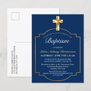 Elegant Blue Golden Cross Boys Baptism Invitation Postcard