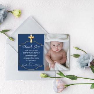 Elegant Blue Golden Cross Boys Baptism Thank You 