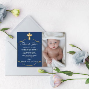 Elegant Blue Golden Cross Boys Baptism Thank You  Card
