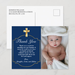 Elegant Blue Golden Cross Boys Baptism Thank You Postcard