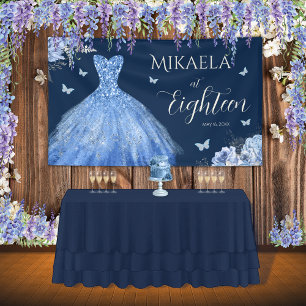 Elegant Blue Gown Floral 18th Birthday Banner