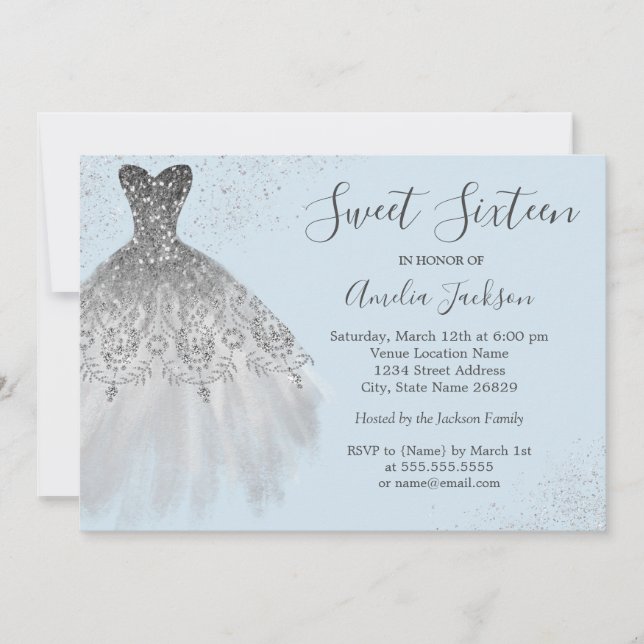 Elegant Blue Gown Sweet Sixteen Invitation (Front)