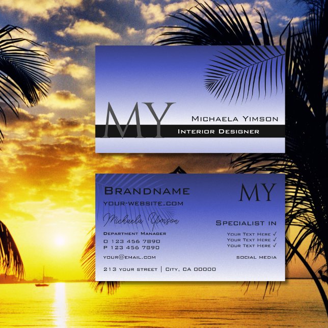Elegant Blue Gradient and Palm Leaf with Monogram Business Card (Creator Uploaded)