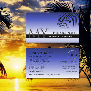 Elegant Blue Gradient Palm Leaf Monogram and Logo Business Card