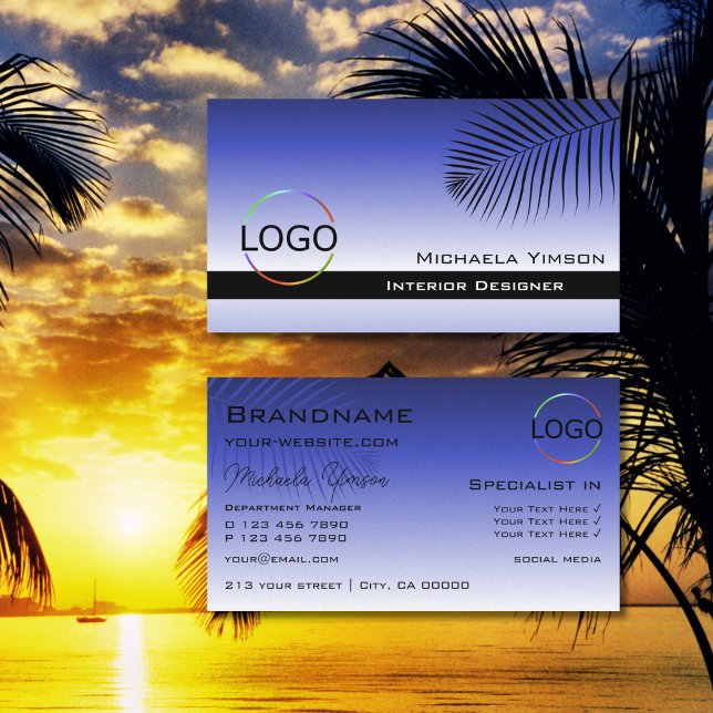 Elegant Blue Gradient Palm Leaf with Logo Stylish Business Card (Creator Uploaded)