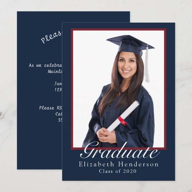Elegant Blue Graduate Photograph Graduation Party Invitation (Front/Back)