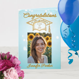 Elegant Blue Graduation with Photo & Gold Accents Card
