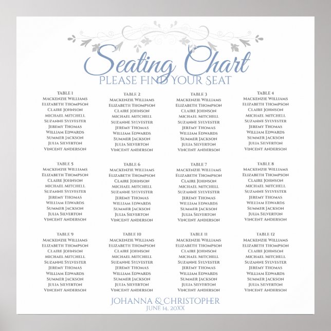 Elegant Blue & Gray 12 Table Wedding Seating Chart (Front)
