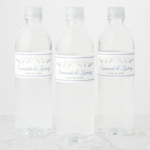 Elegant Blue & Gray Vintage Floral Border Wedding Water Bottle Label