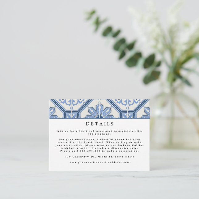 Elegant Blue Greek Tile Wedding Enclosure Card (Standing Front)