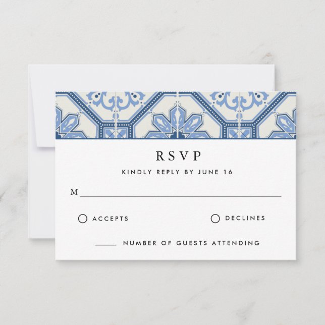 Elegant Blue Greek Tile Wedding RSVP Card (Front)