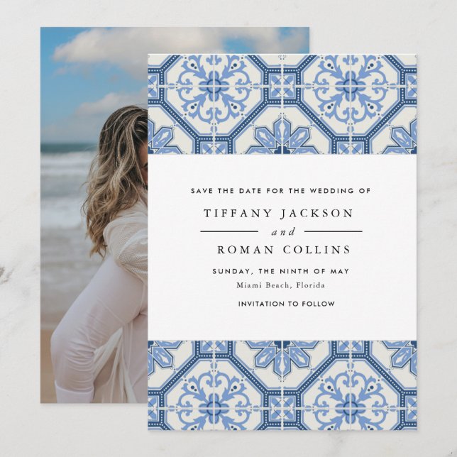 Elegant Blue Greek Tile Wedding Save The Date (Front/Back)