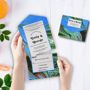 Elegant Blue Green Abstract Oil Painting Wedding All In One Invitation