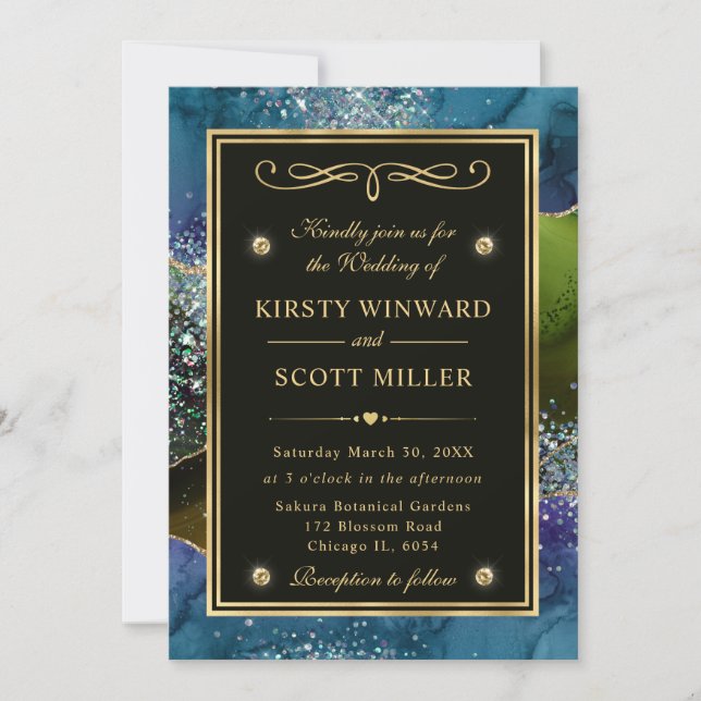 Elegant Blue, Green and Gold Glitter Agate Wedding Invitation (Front)