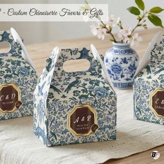 Elegant Blue & Green Chinoiserie Toile Wedding Favour Box