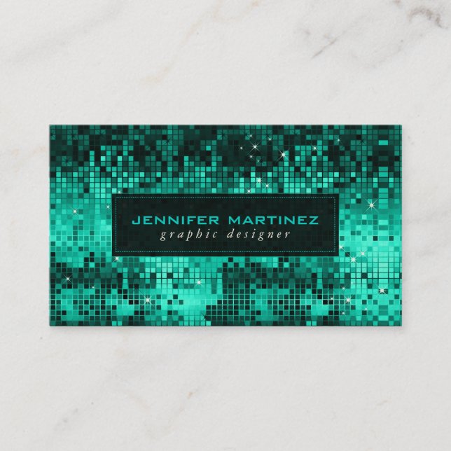 Elegant Blue-Green Disco Ball Glitter & Sparkles Business Card (Front)